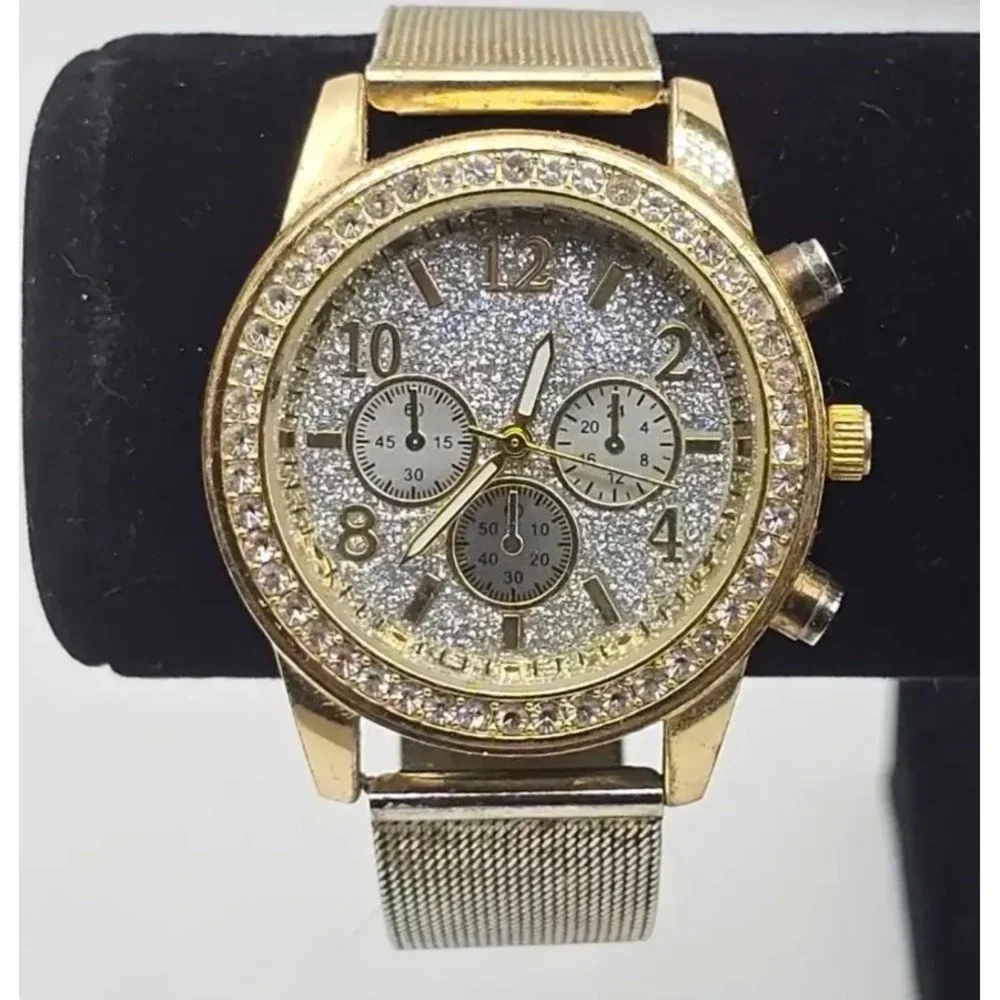 Gold Tone Ladies Watch Triple Sub Glitter Dial Crystal Bezel Mesh Band *C-photos